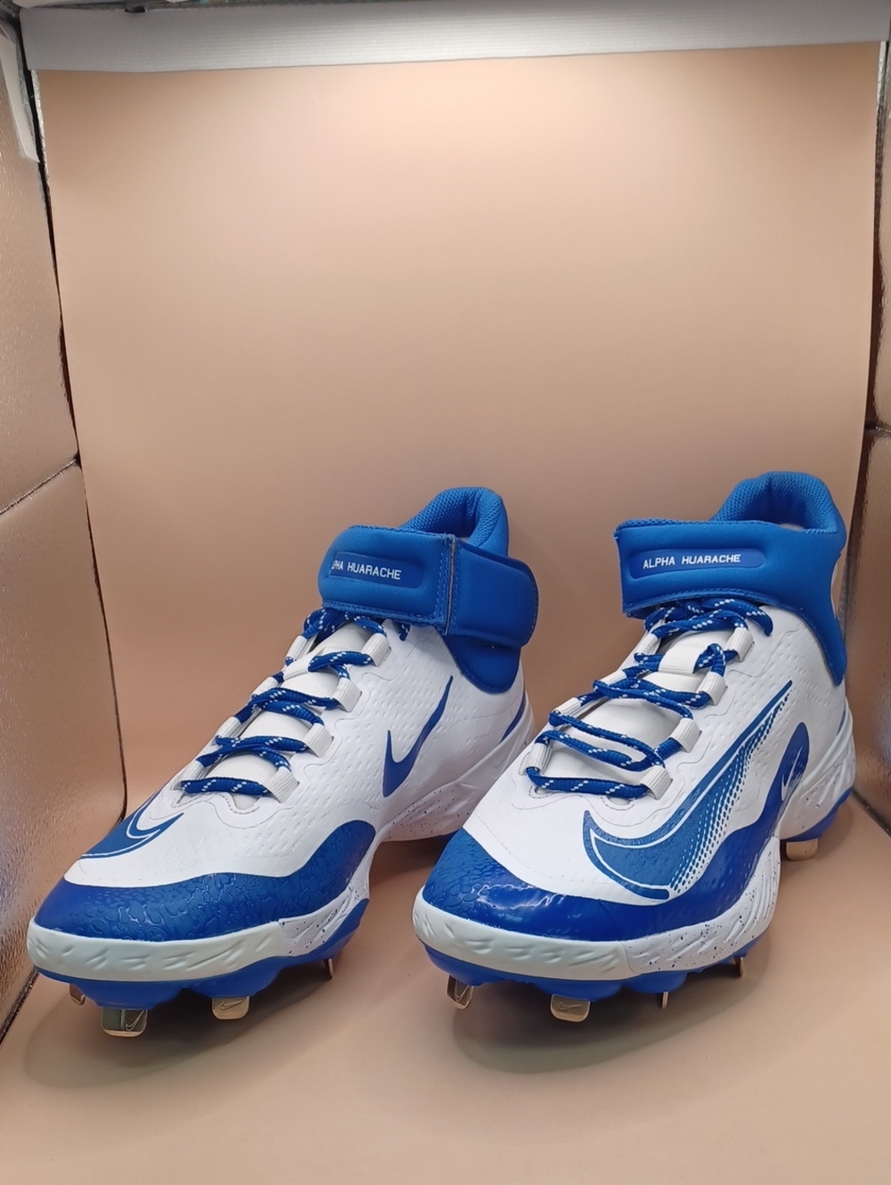 NWOB Nike Alpha Huarache Elite 4 Mid Cleats-Royal Blue/White Men Size 11.5 US